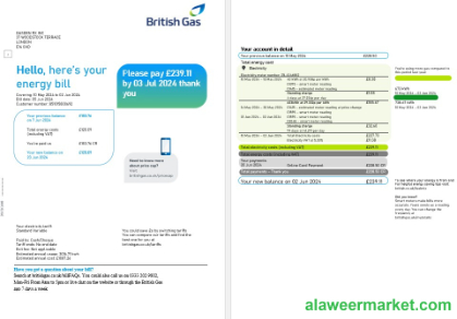 United Kingdom British Gas business utility bill, Word and PDF template, 2 pages